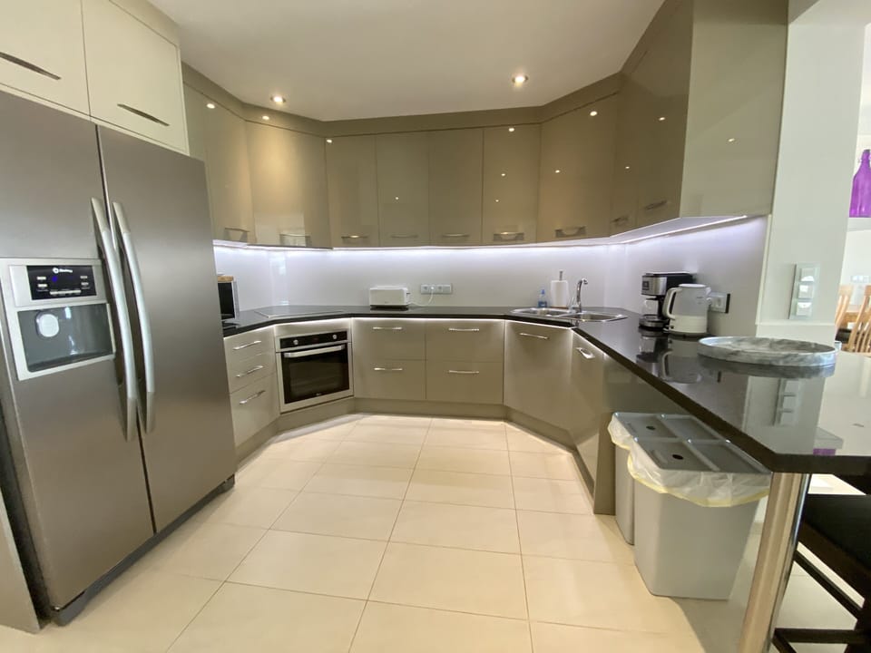 American fridge, oven, dishwasher, microwave, waste disposal.