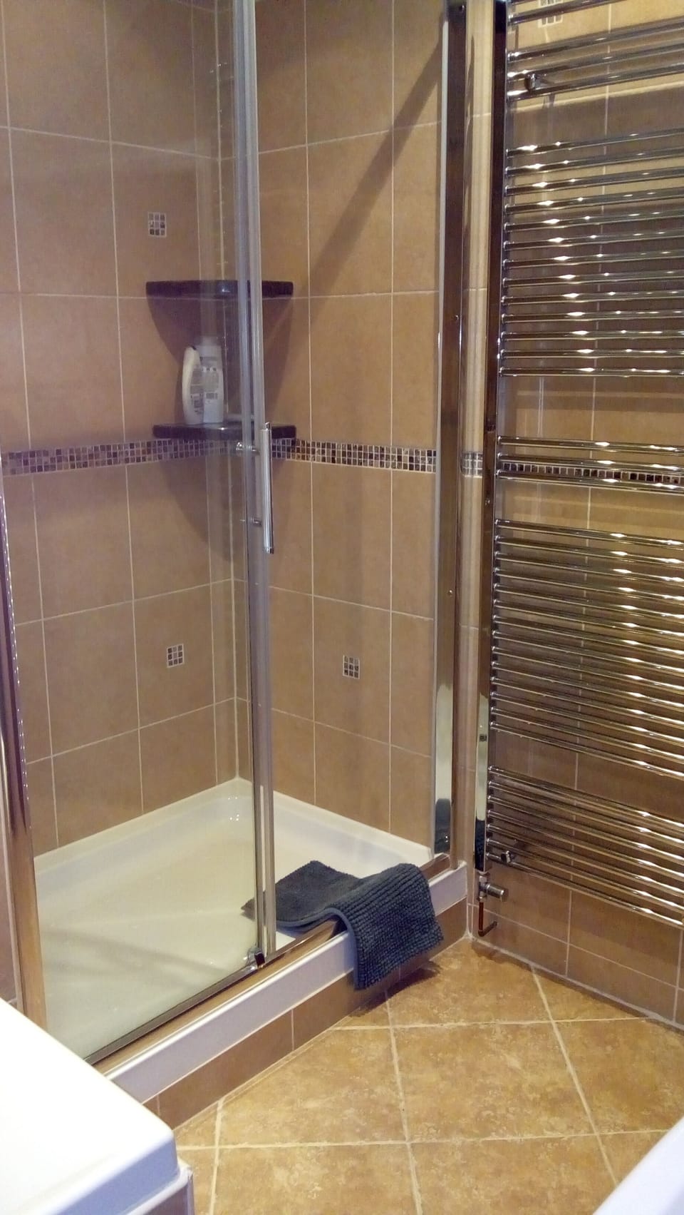 Shower with heated towel rail