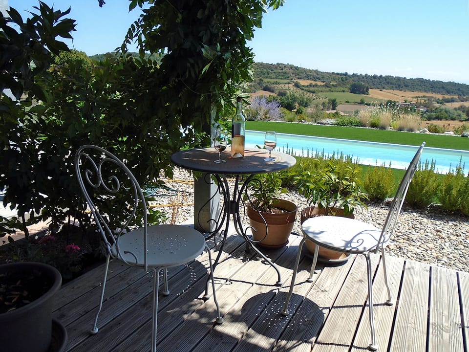Terrace and pool viewed from the bedroom