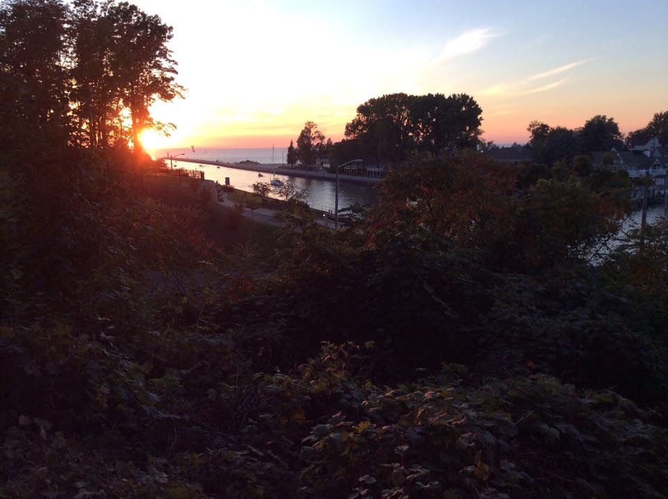 Across the (dead end) street view at sunset.