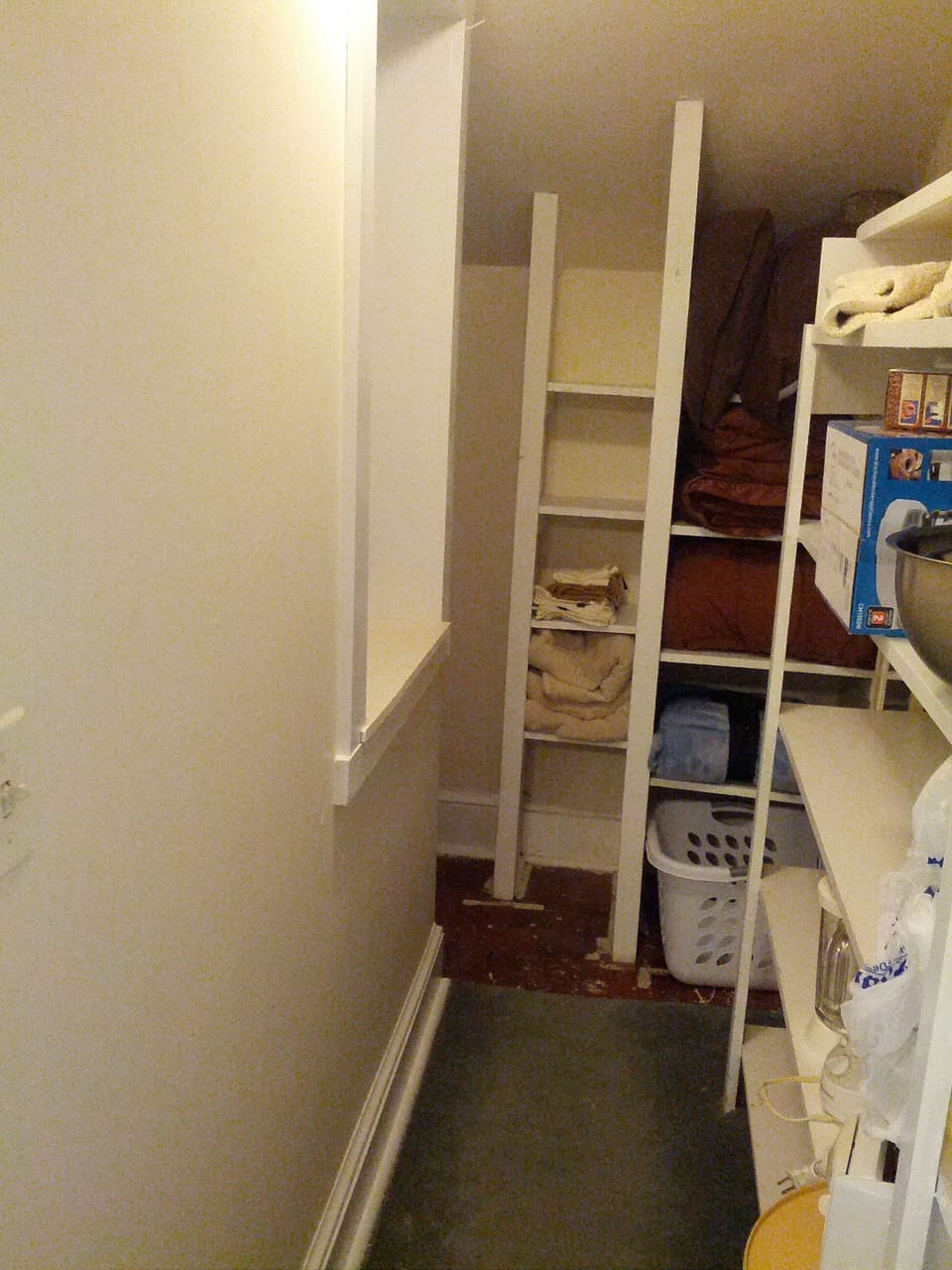 Large walk in closet off of kitchen with (2) areas on the left side for hanging