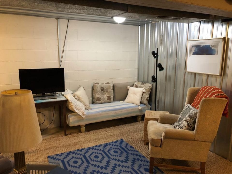 Lower level living room with couch, loveseat, chair, twin bed and cable tv