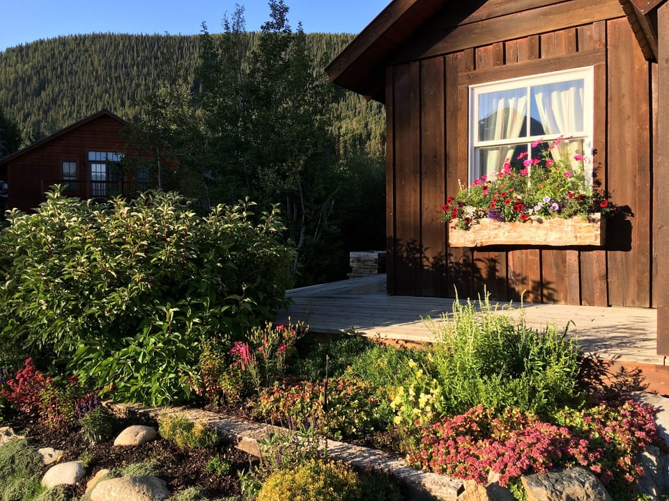 A beautiful garden and flower boxes surround the deck in summer.