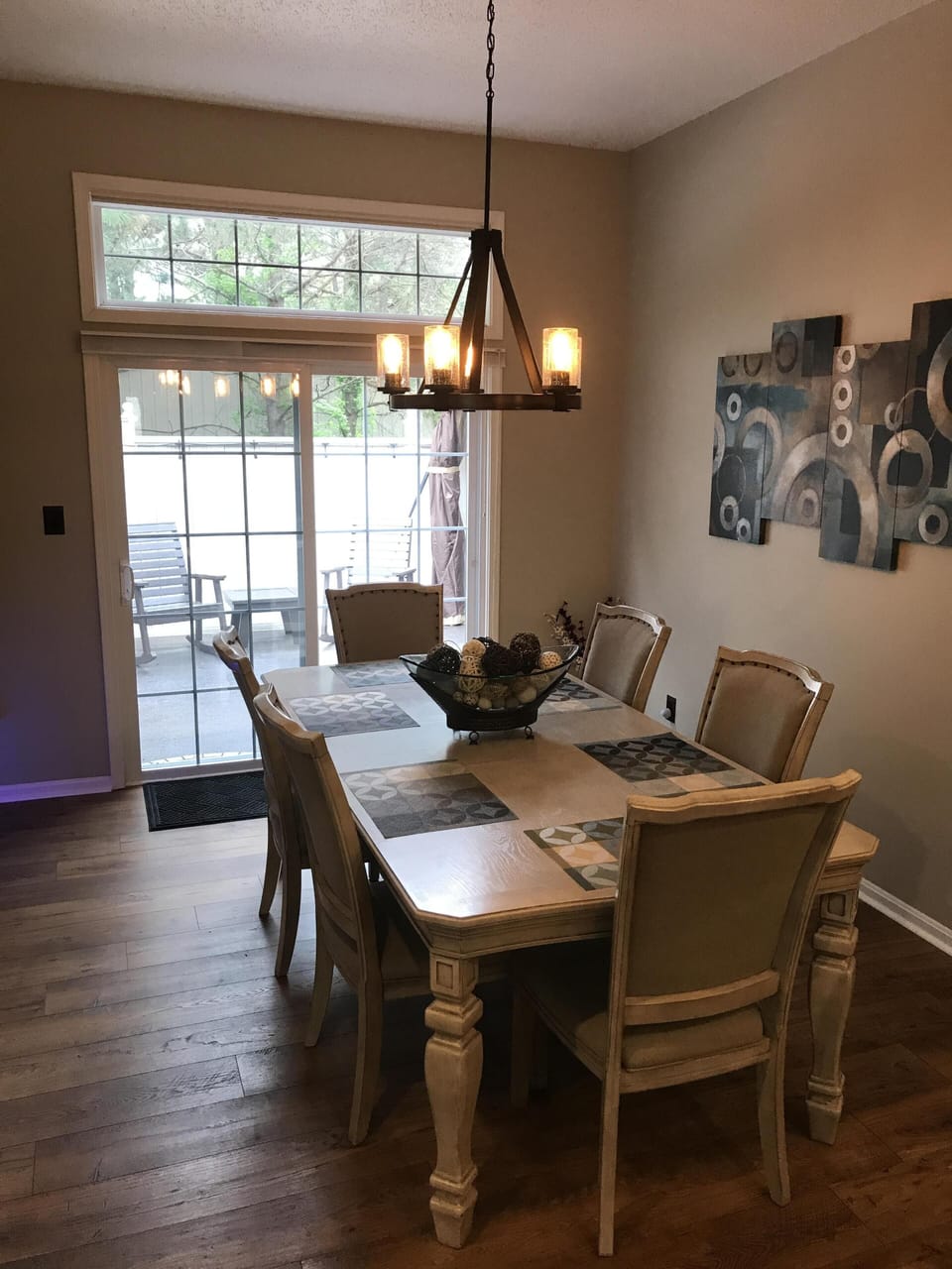 The dining room overlooks the patio and is open to the kitchen.