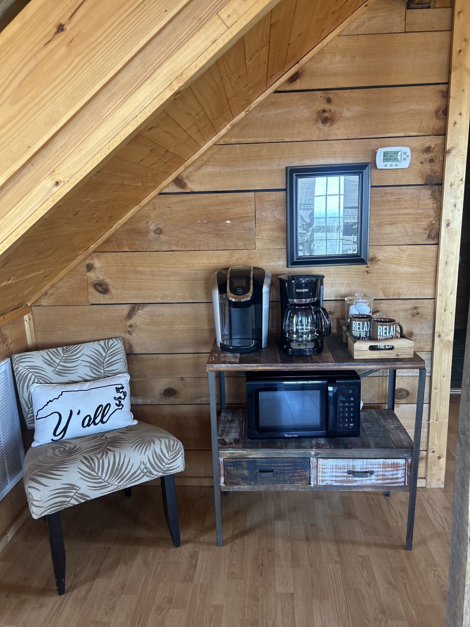 Coffee station and microwave.