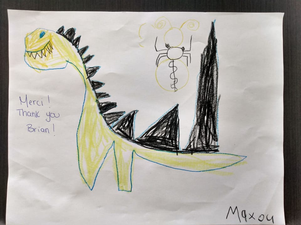 An amazing drawing (July 2024) from a young guest. Thank you Maxence, I love it!