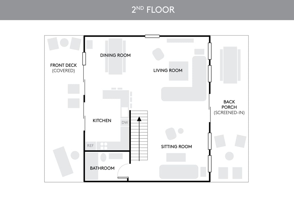 Upstairs floor plan, showing the outdoor space as well.