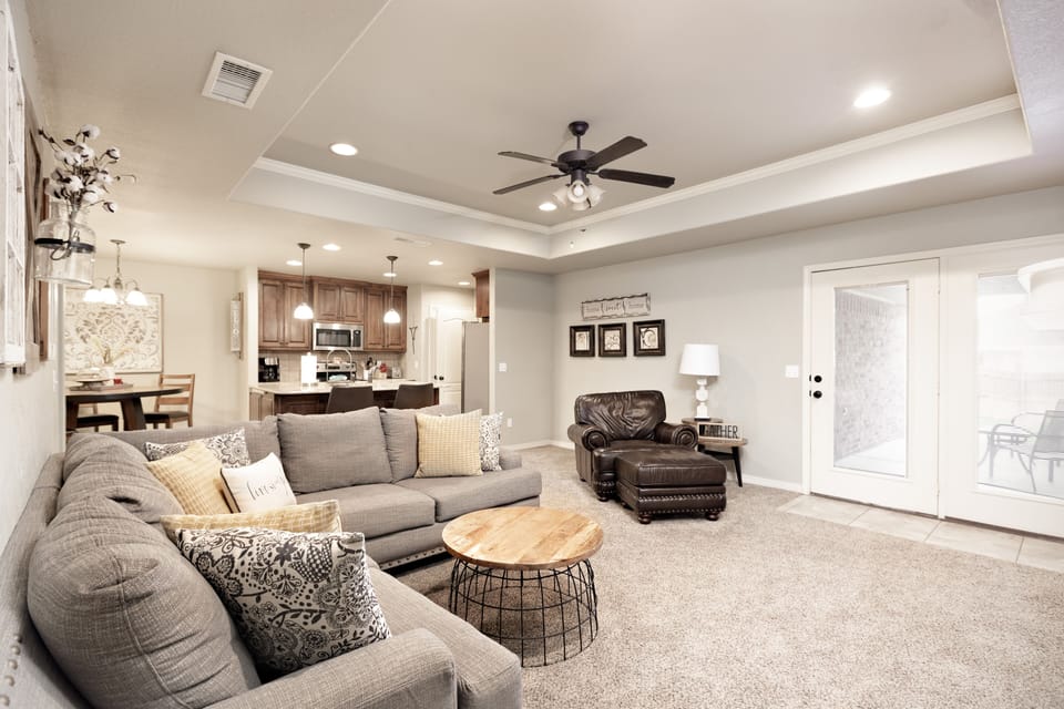 Open living room into kitchen and dining room. 