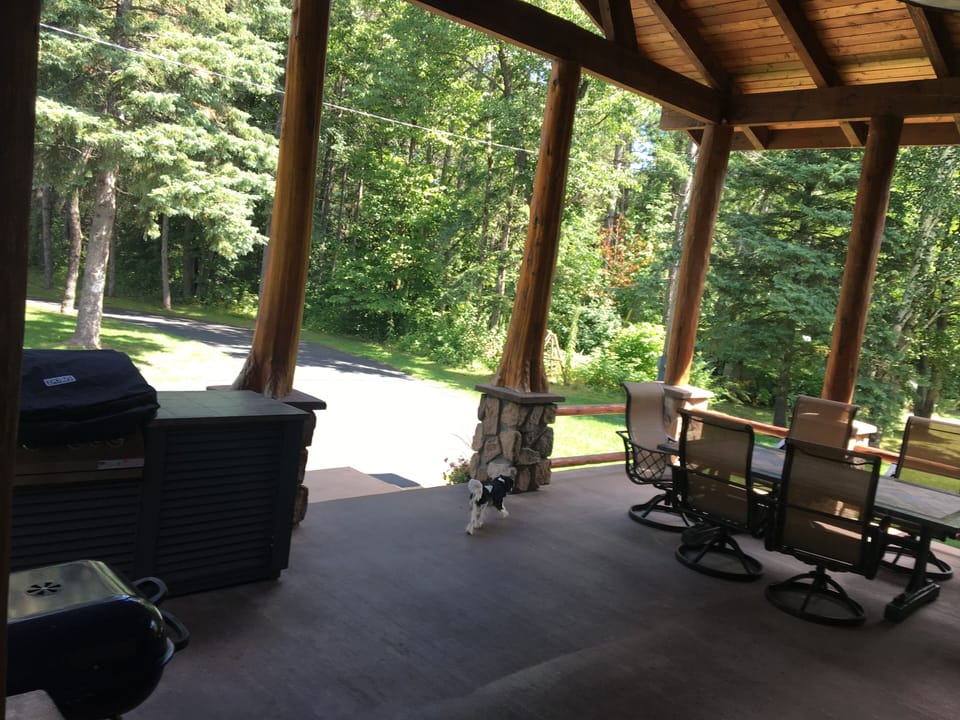 Back patio with grills and seating 