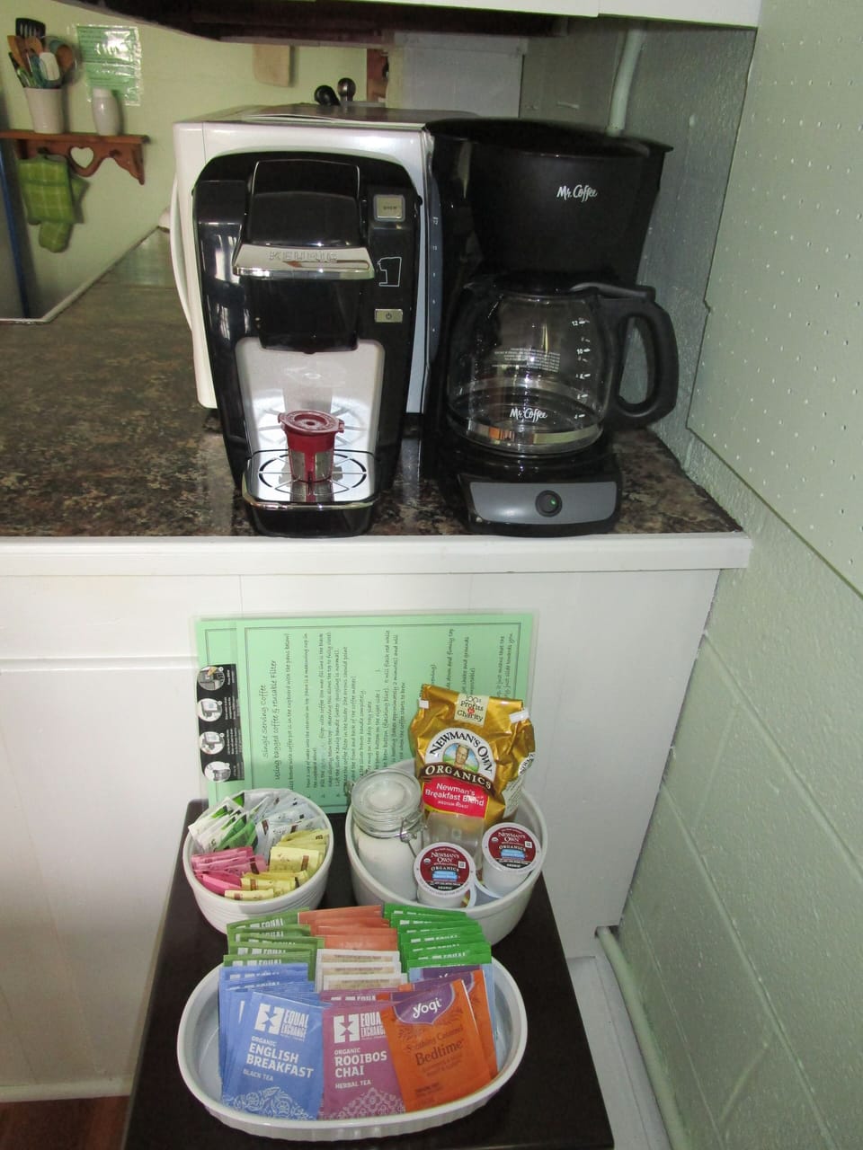 Keurig & pot-style coffee makers, coffee & k-cup pods, teas, & sweeteners.