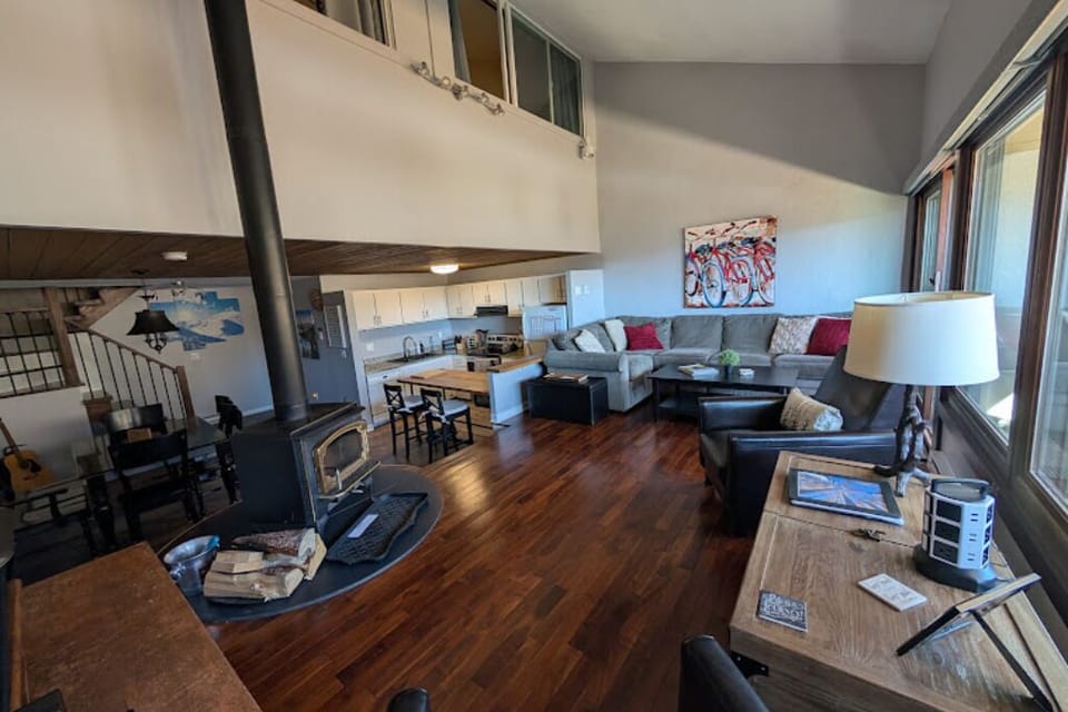 Living room with a wood burning stove