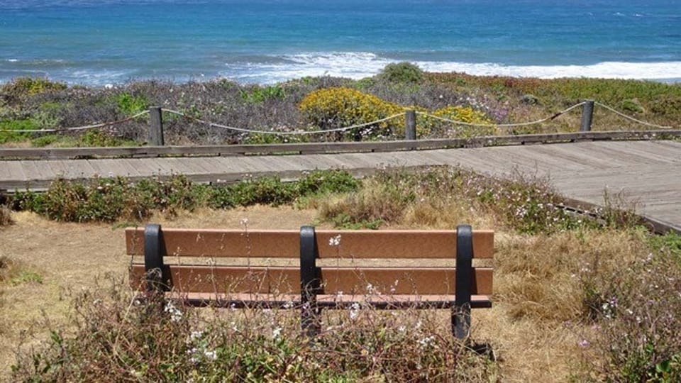 Moonstone Beach boardwalk offers places to sit and enjoy the natural beauty.
