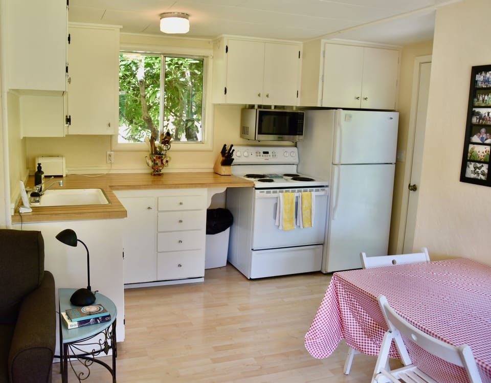 The kitchen has what you need to whip up a meal at the cabin