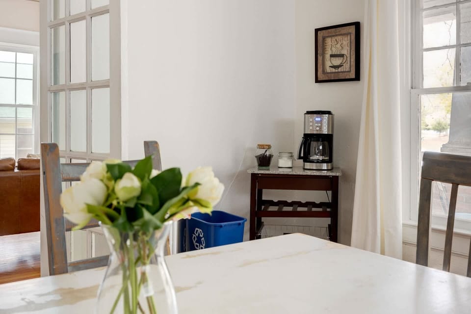 Kitchen coffee cart; we stock good quality coffee, creamer and sugar.