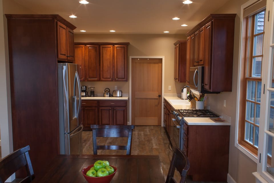 kitchen, view from dining area.