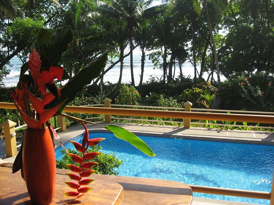 The 18 by 36 pool is shared by the beach house and guest cottage