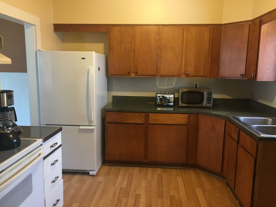 Kitchen is fully stocked with items such as a blender, hand mixer & lobster pot.