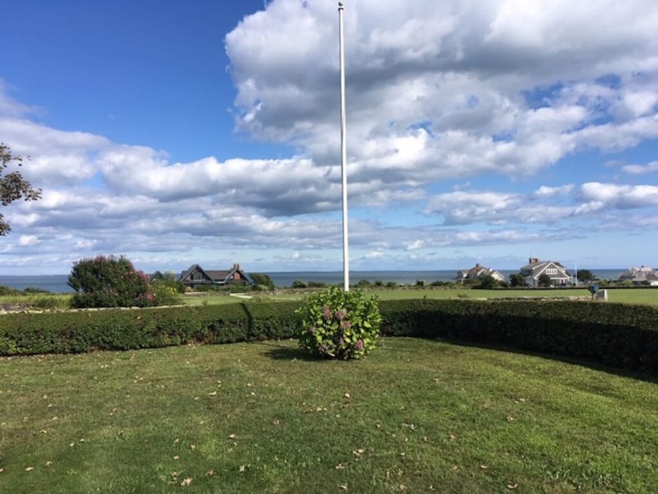 View from the front porch, overlooking fields and ocean