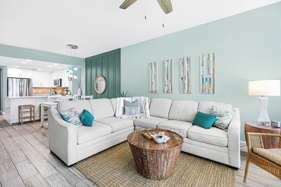 Enjoy plenty of seating while gathering in front of the TV.  
