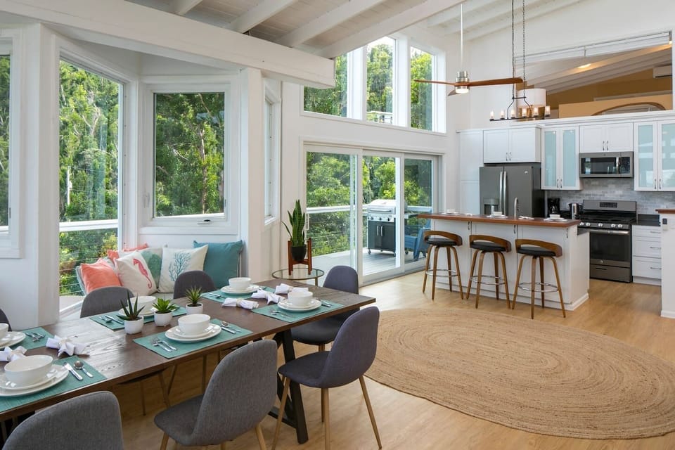 The open floor plan feels bright and spacious with plenty of windows for natural lighting