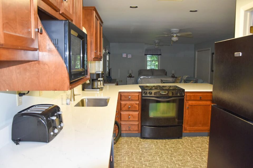 Four slice toaster as well as gas stove and electric oven. Ice maker in fridge!