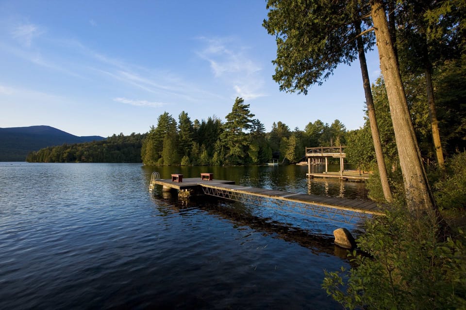 View from house to swimming dock and boathouse.