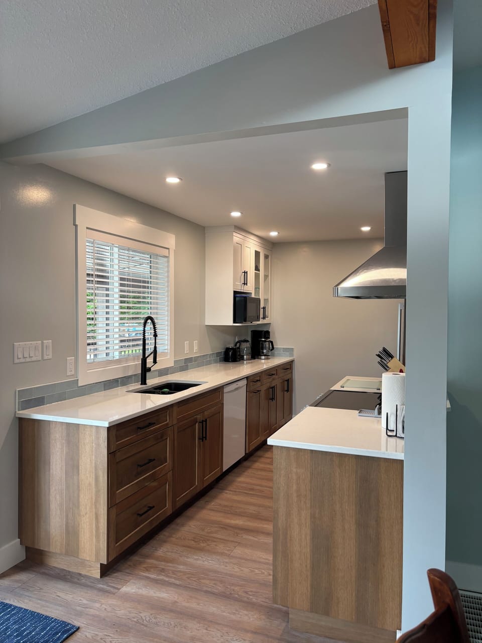 Upstairs kitchen - custom hickory cabinets, quartz countertop
