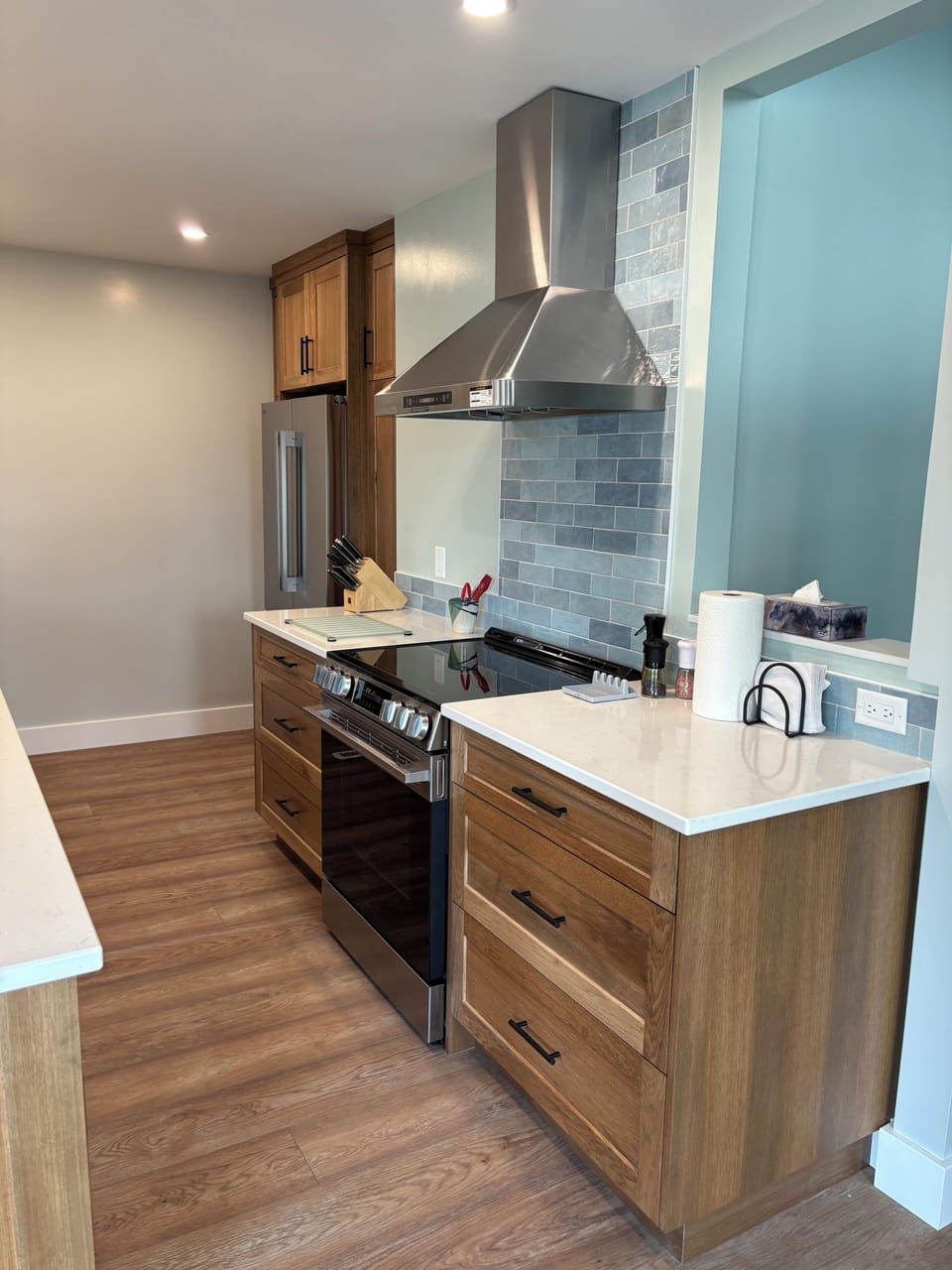 Upstairs kitchen - custom hickory cabinets, quartz countertop