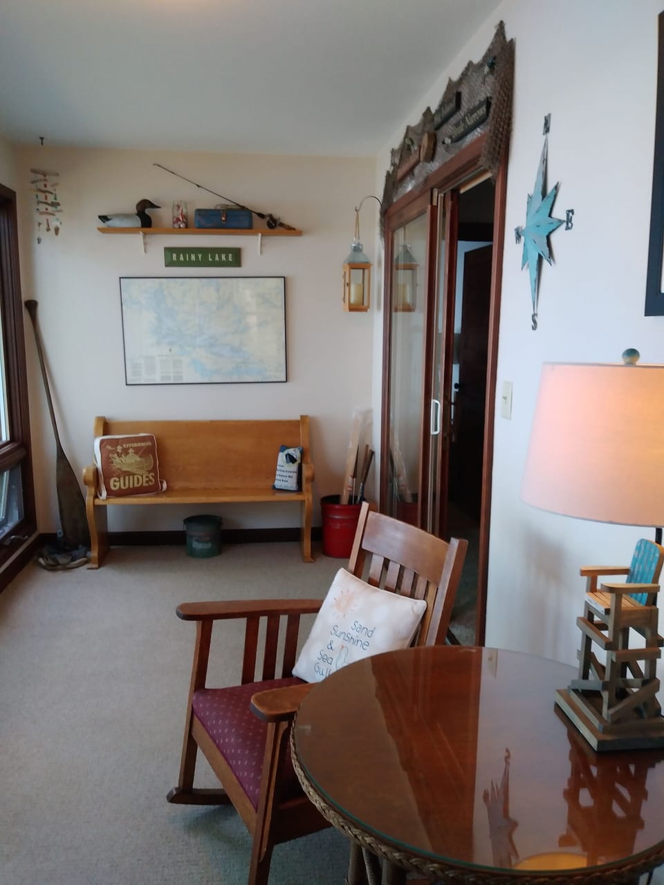 The sunporch with an amazing view that looks across Rainy Lake and into Canada.