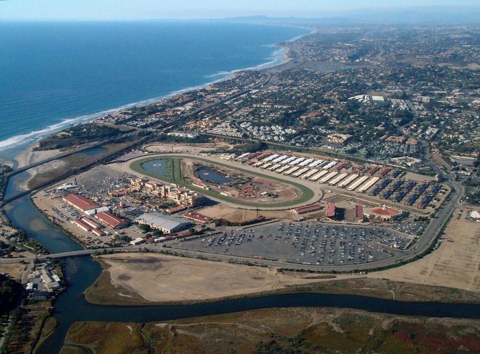 North facing aerial view of condo located above Del Mar Racetrack and fairground