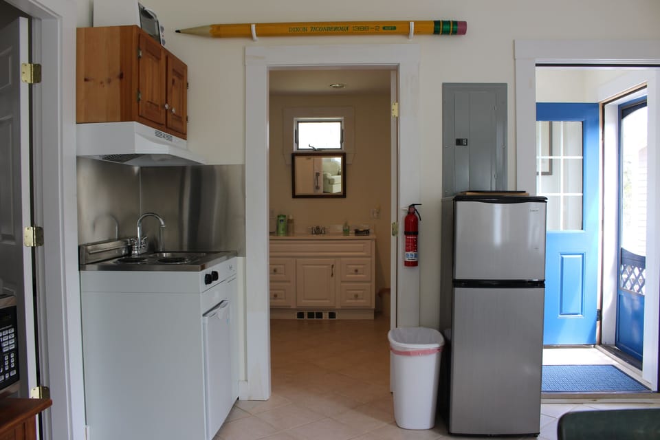 View of Kitchenette and bathroom from main living area