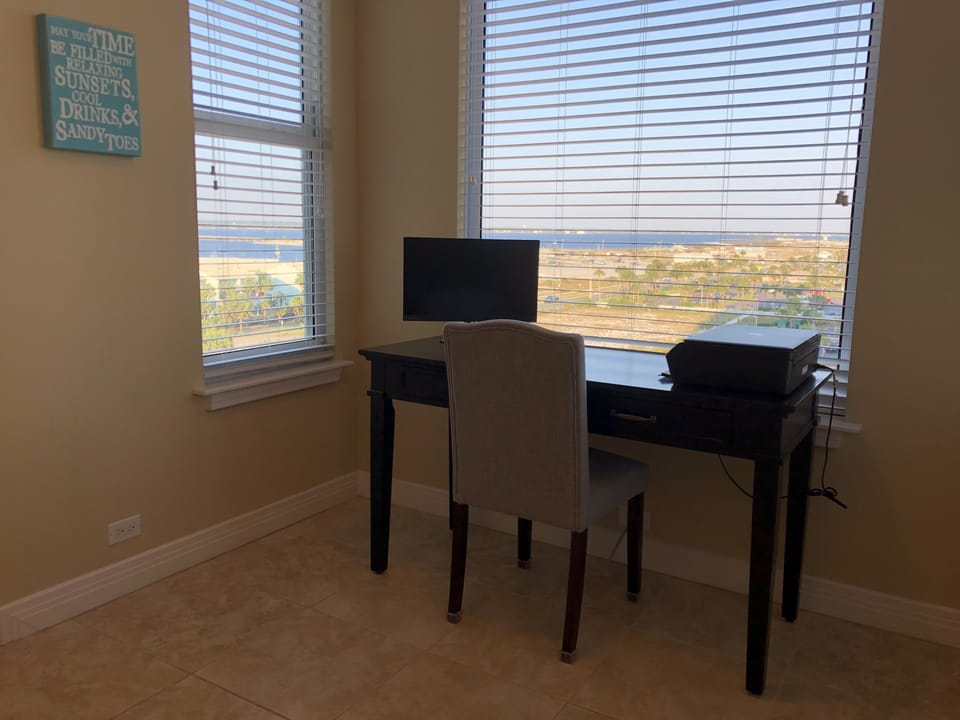 Remote Office Nook with Wireless Printer, 21” Monitor + view of the Sound & Gulf