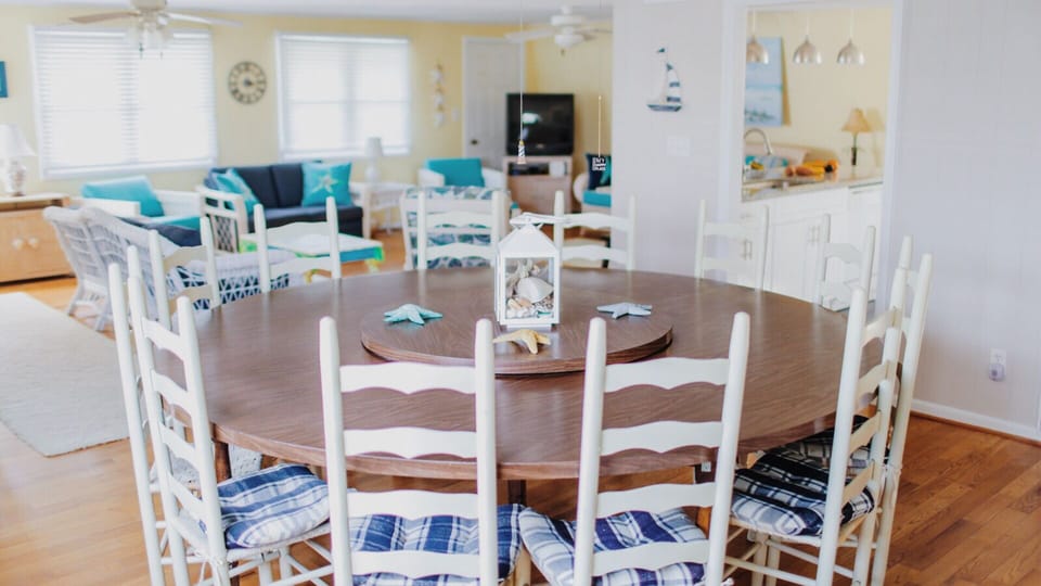 custom dining room table with a Lazy Susan and seating for up to 15.