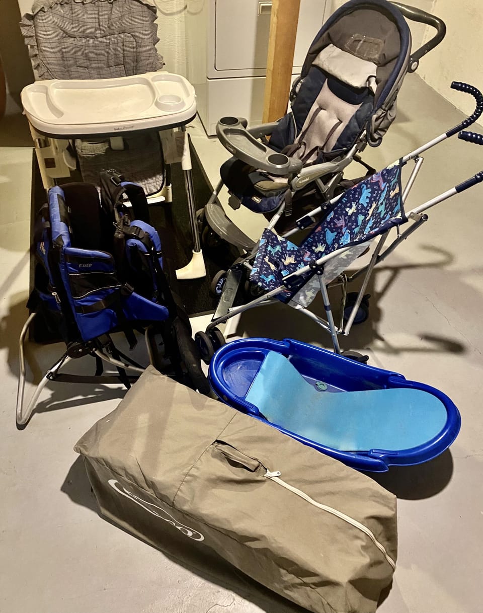 High chair, pack n play, bath,  kelty backpack, umbrella and bigger stroller 