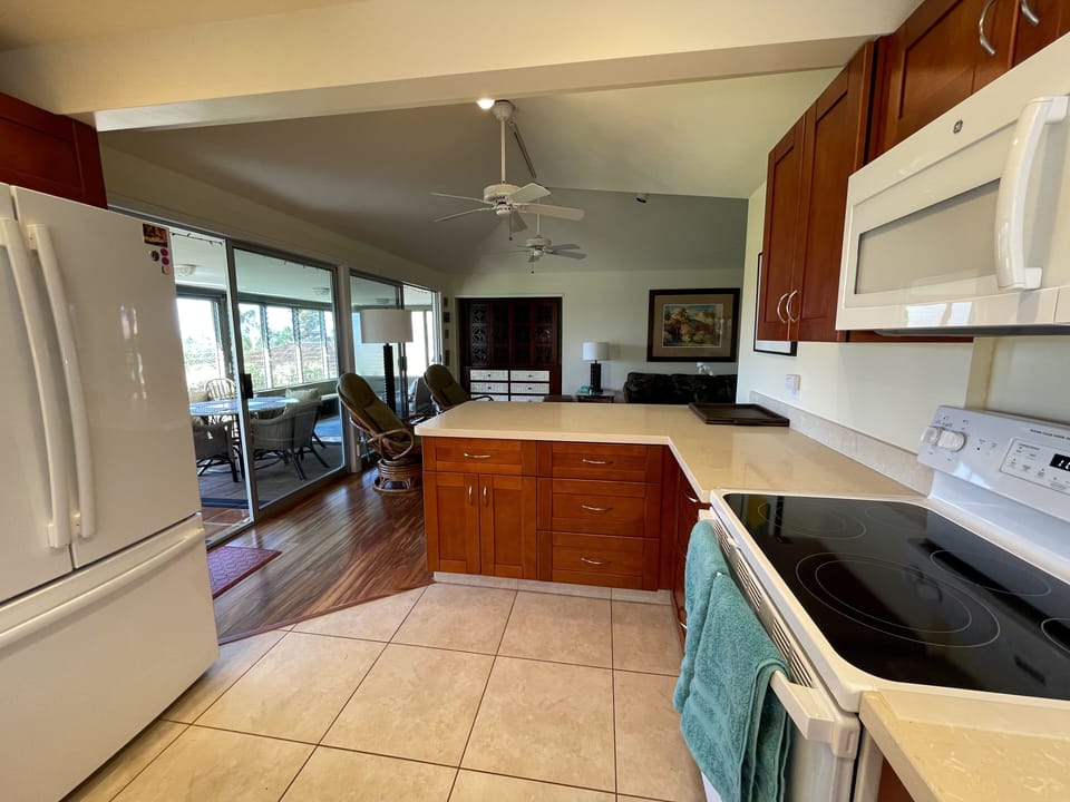 View toward entertainment center, large lanai, 2021 stove/oven/microwave