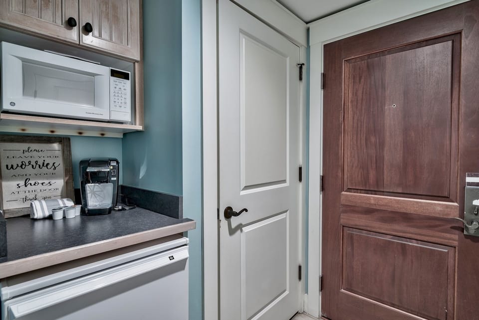 Mini Refrigerator, microwave and Keurig for your convenience
