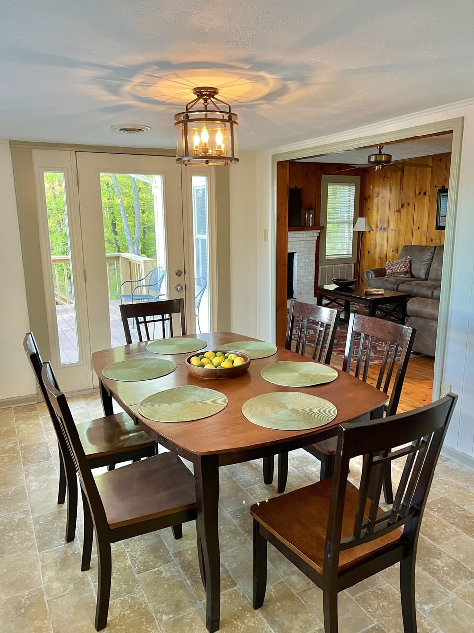 Enjoy dining at a table which seats six.