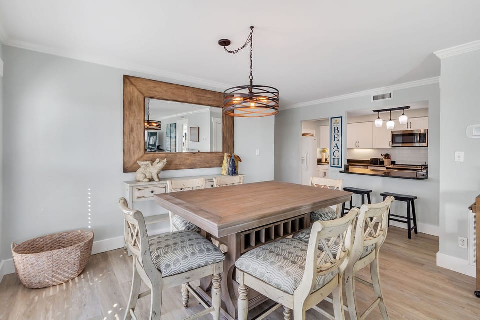 dining table and kitchen area
