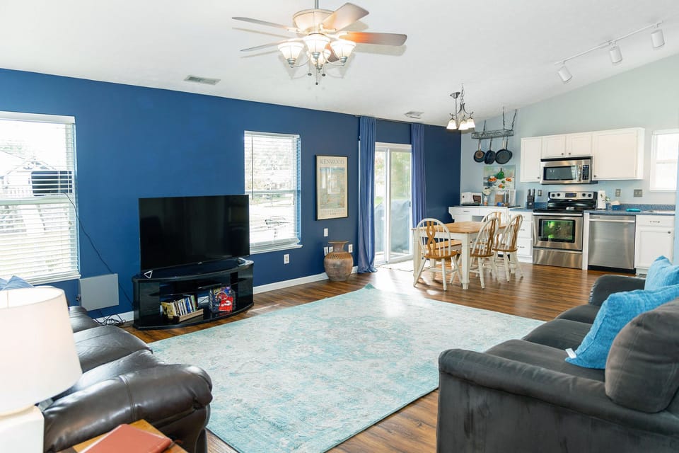 Open floor plan with large smart TV where you can login to your favorite apps.