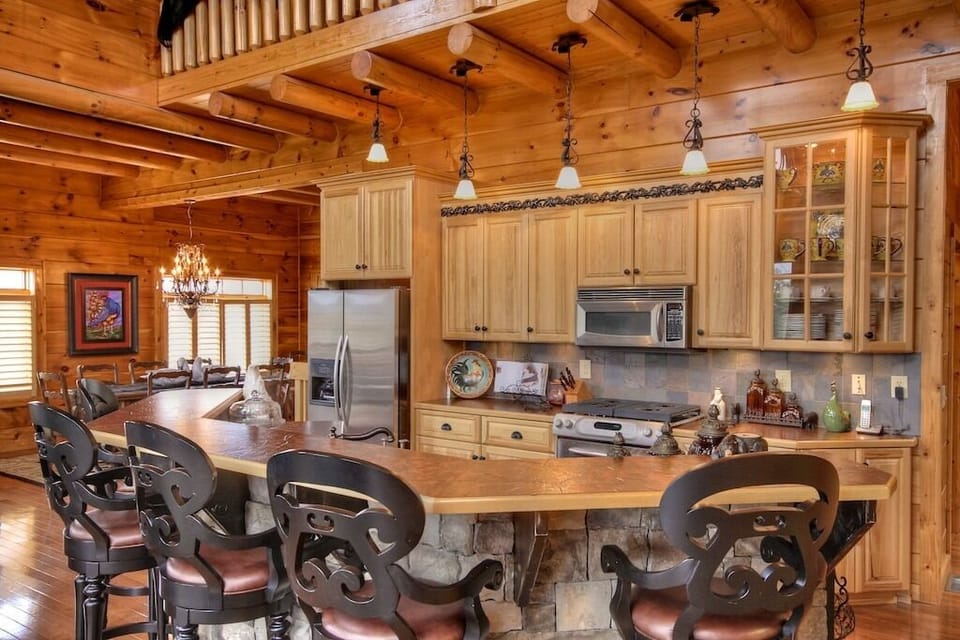 Kitchen with copper inlaid countertops