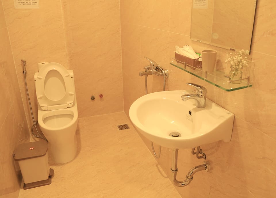 Clean toilet towel, toilet paper, tooth brush, shampoo, bath gel.