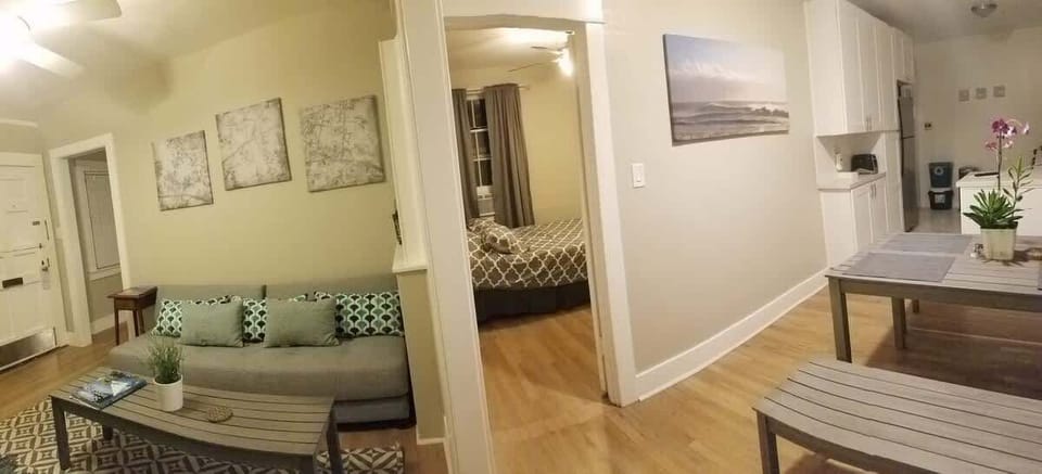 This photo is to show the approximate size and layout. To the very left is the front door, then the doorway to the guest room (has a door), center is door to bedroom to the right is the kitchen (furnishings in living room are now changed up)