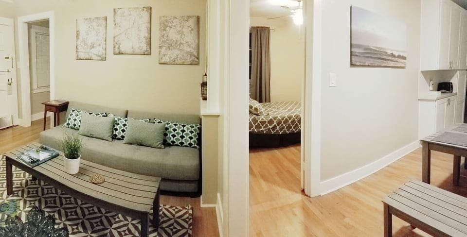 Panoramic shot of dining room living room bedroom (guest bedroom on the left of the photo). Now the living room setup is different, this is just to show layout of the rooms.
