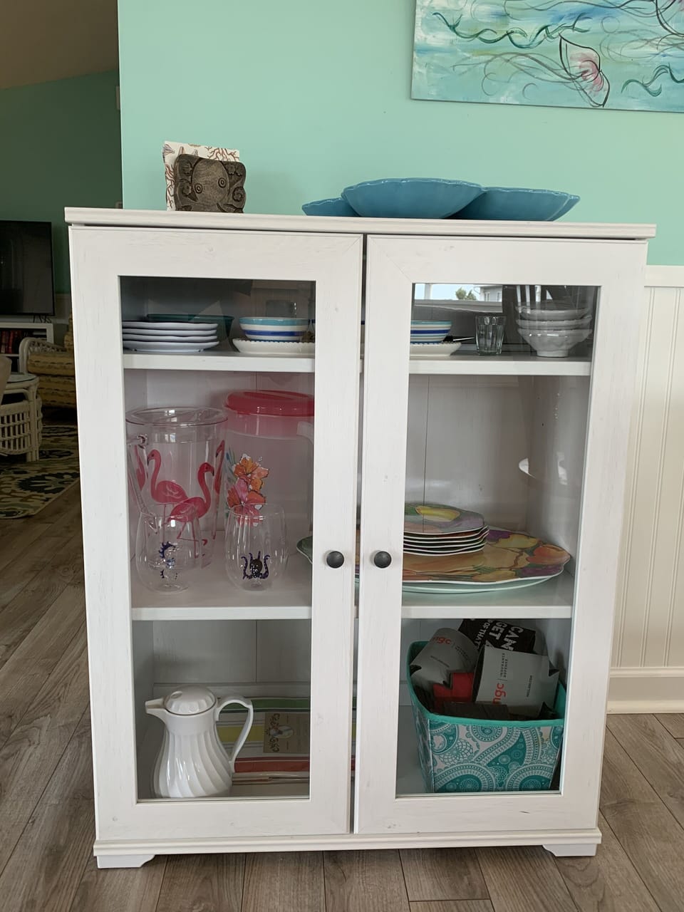 Storage cabinet in dining room.
