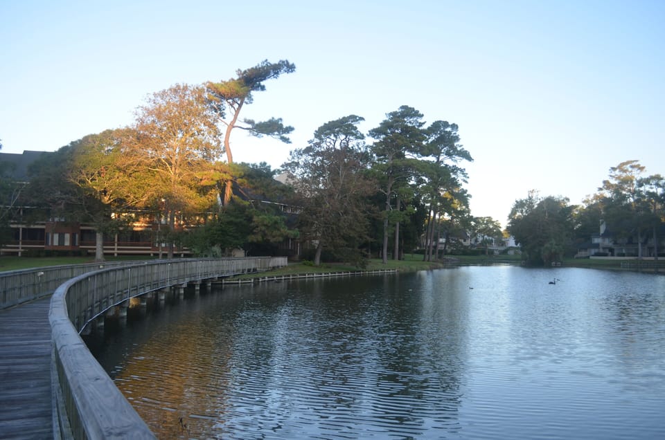 Bridge across lake to pool area