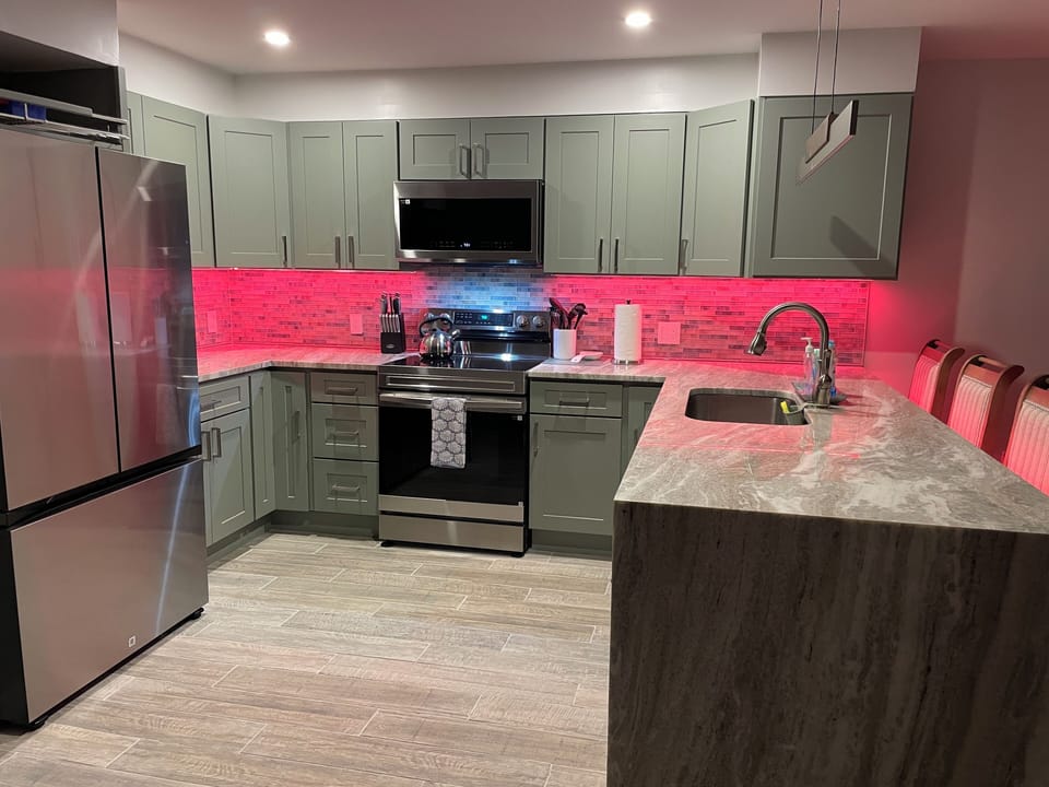 Great kitchen space with waterfall countertop