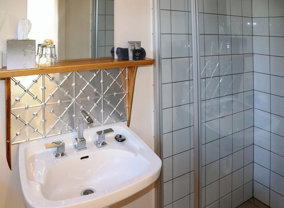 The private bathroom has a toilet, sink and shower
