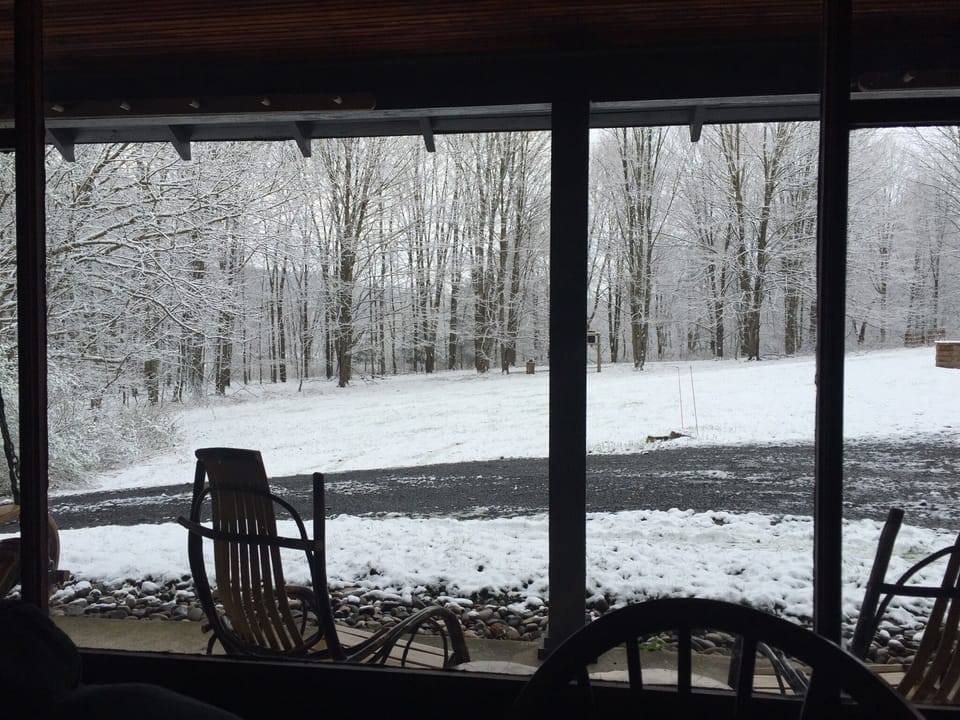 View out the front window on a snowy morning