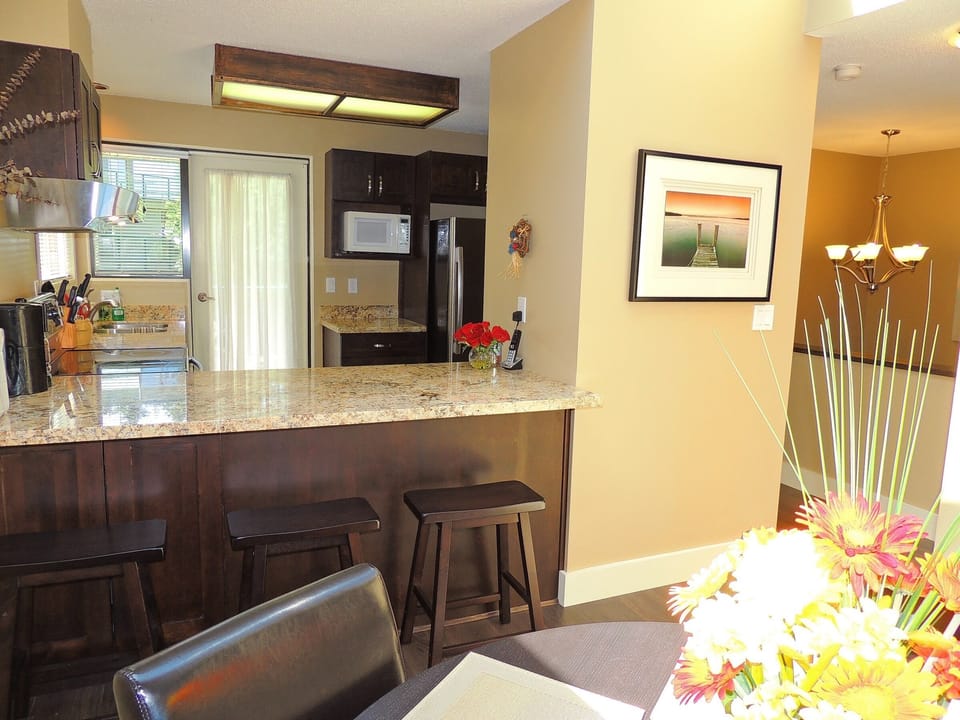 Open kitchen with granite bar top.