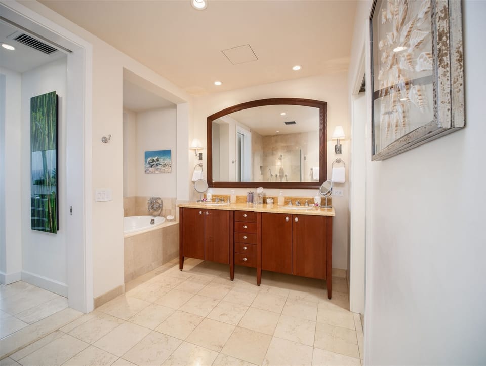 J405 Sea Breeze Suite Master Bedroom Bath with Ocean View Soaking Tub Glass...